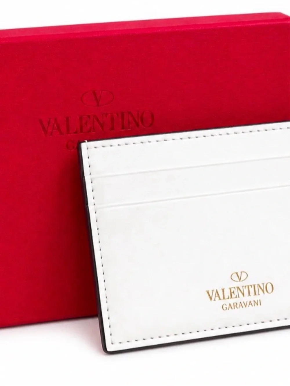 Valentino Garavani White Leather Card Holder with Gold Rockstuds